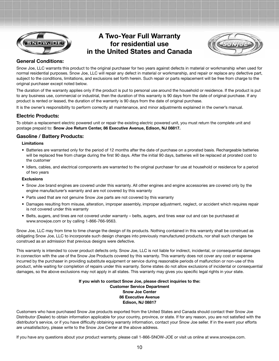 Snow Joe TJ599E Aardvark 2.5 AMP Electric Cultivator User Manual | Page 10 / 10
