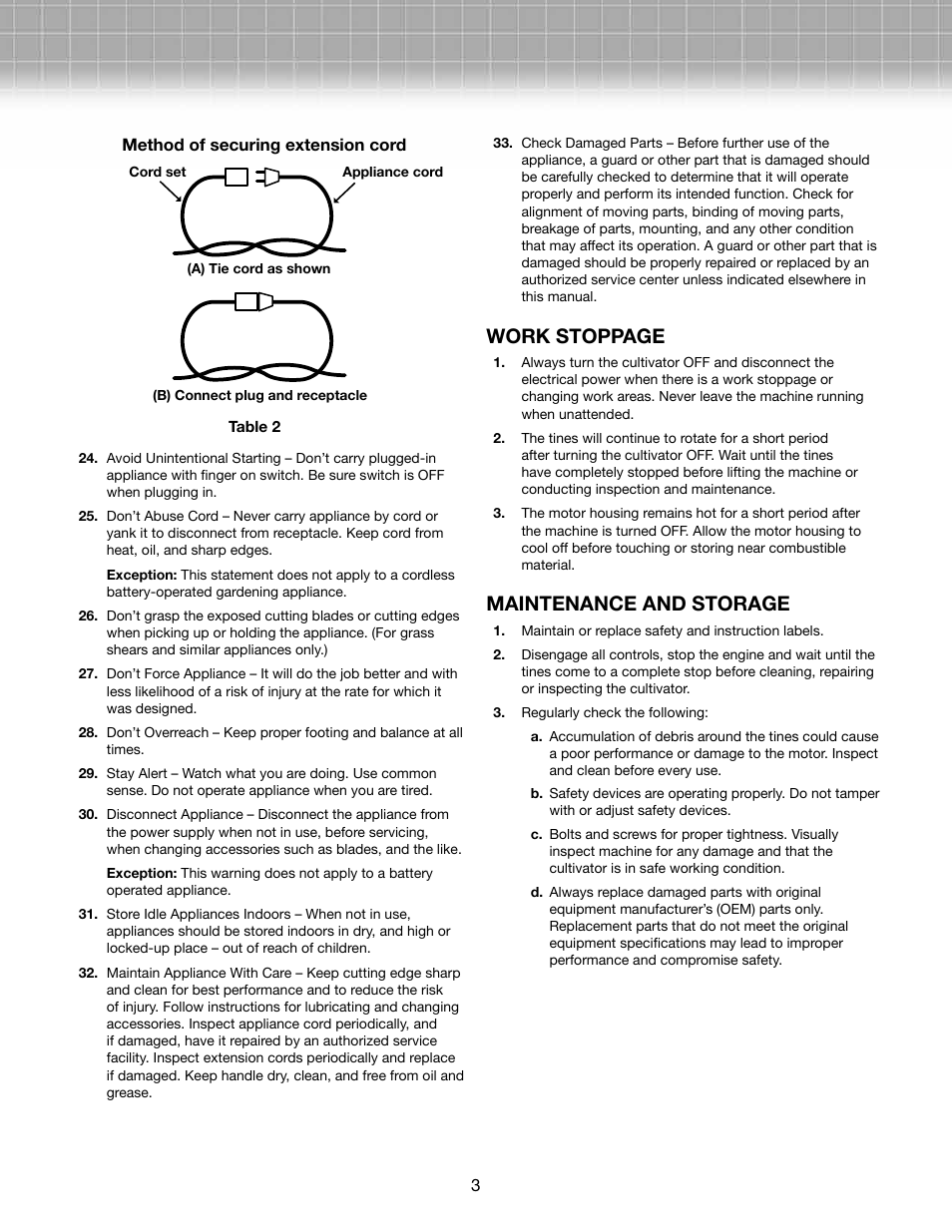 Work stoppage, Maintenance and storage | Snow Joe TJ599E Aardvark 2.5 AMP Electric Cultivator User Manual | Page 3 / 10