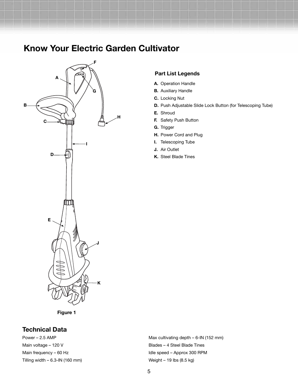 Know your electric garden cultivator, Technical data | Snow Joe TJ599E Aardvark 2.5 AMP Electric Cultivator User Manual | Page 5 / 10