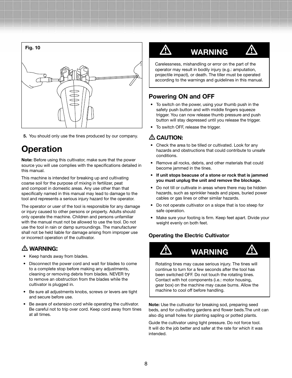 Operation, Warning | Snow Joe TJ599E Aardvark 2.5 AMP Electric Cultivator User Manual | Page 8 / 10