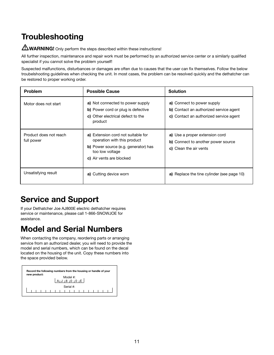 Troubleshooting, Service and support, Model and serial numbers | Snow Joe AJ800E Dethatcher Joe 14-Inch 11-Amp Electric Dethatcher With AirBoost Technology User Manual | Page 11 / 16