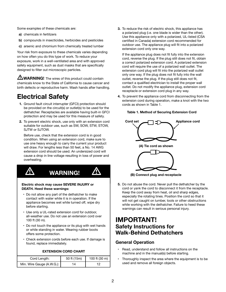 Electrical safety, Important, Warning | Safety instructions for walk-behind dethatchers | Snow Joe AJ800E Dethatcher Joe 14-Inch 11-Amp Electric Dethatcher With AirBoost Technology User Manual | Page 2 / 16