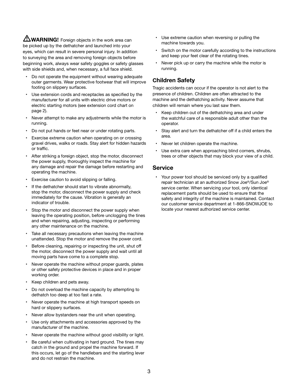 Hildren safety, Service | Snow Joe AJ800E Dethatcher Joe 14-Inch 11-Amp Electric Dethatcher With AirBoost Technology User Manual | Page 3 / 16