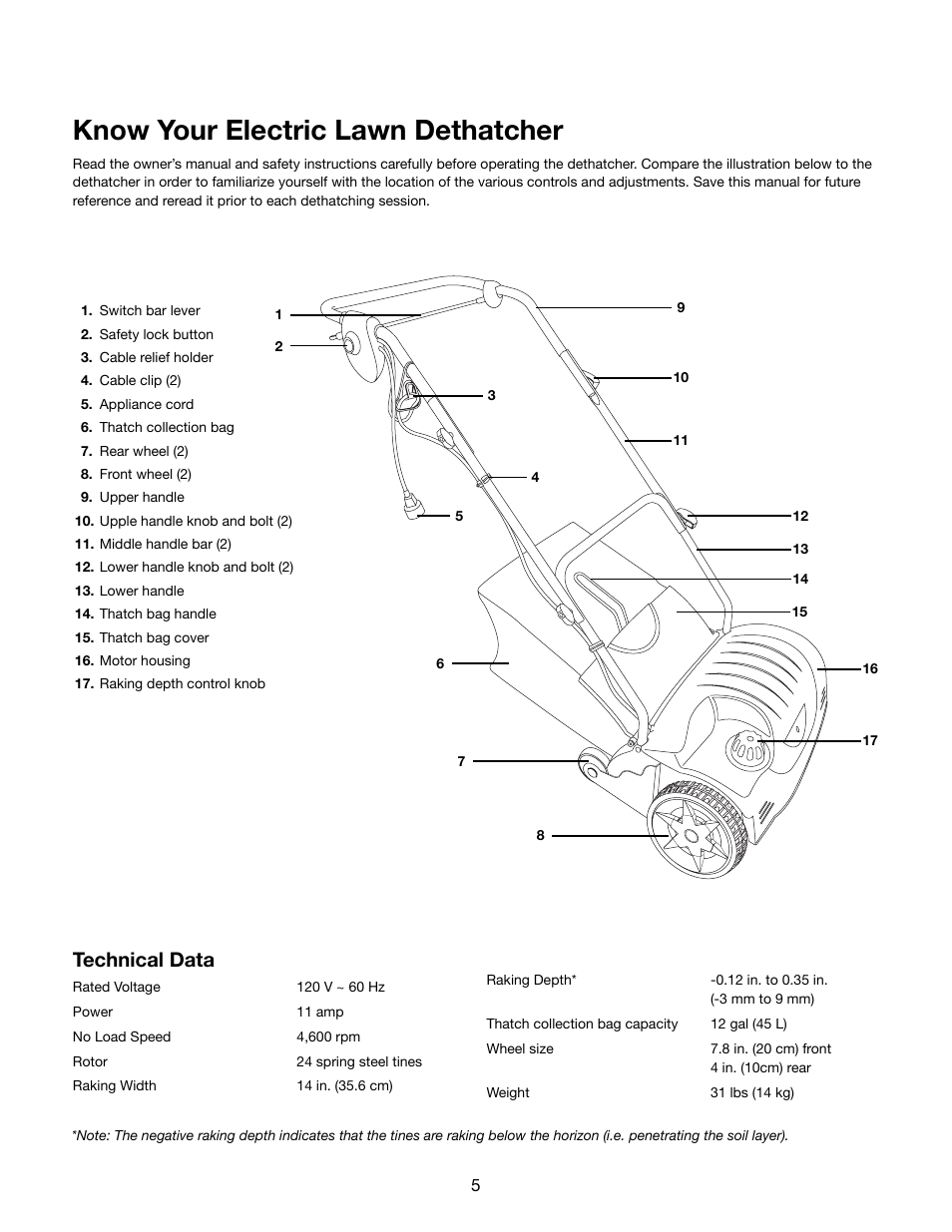 Know your electric lawn dethatcher, Technical data | Snow Joe AJ800E Dethatcher Joe 14-Inch 11-Amp Electric Dethatcher With AirBoost Technology User Manual | Page 5 / 16