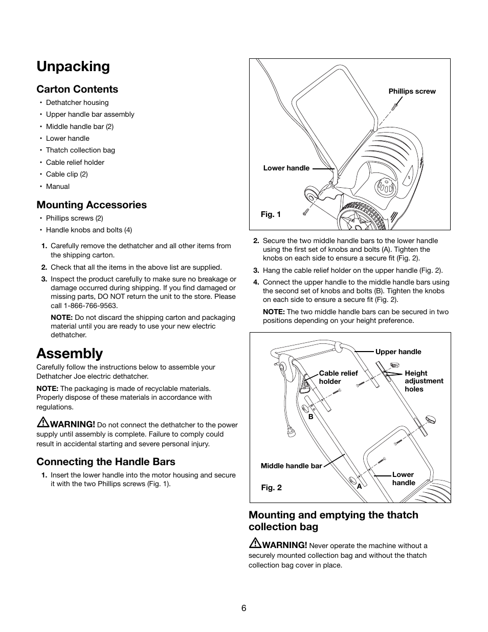 Unpacking, Assembly, Carton contents | Mounting accessories, Connecting the handle bars, Mounting and emptying the thatch collection bag | Snow Joe AJ800E Dethatcher Joe 14-Inch 11-Amp Electric Dethatcher With AirBoost Technology User Manual | Page 6 / 16