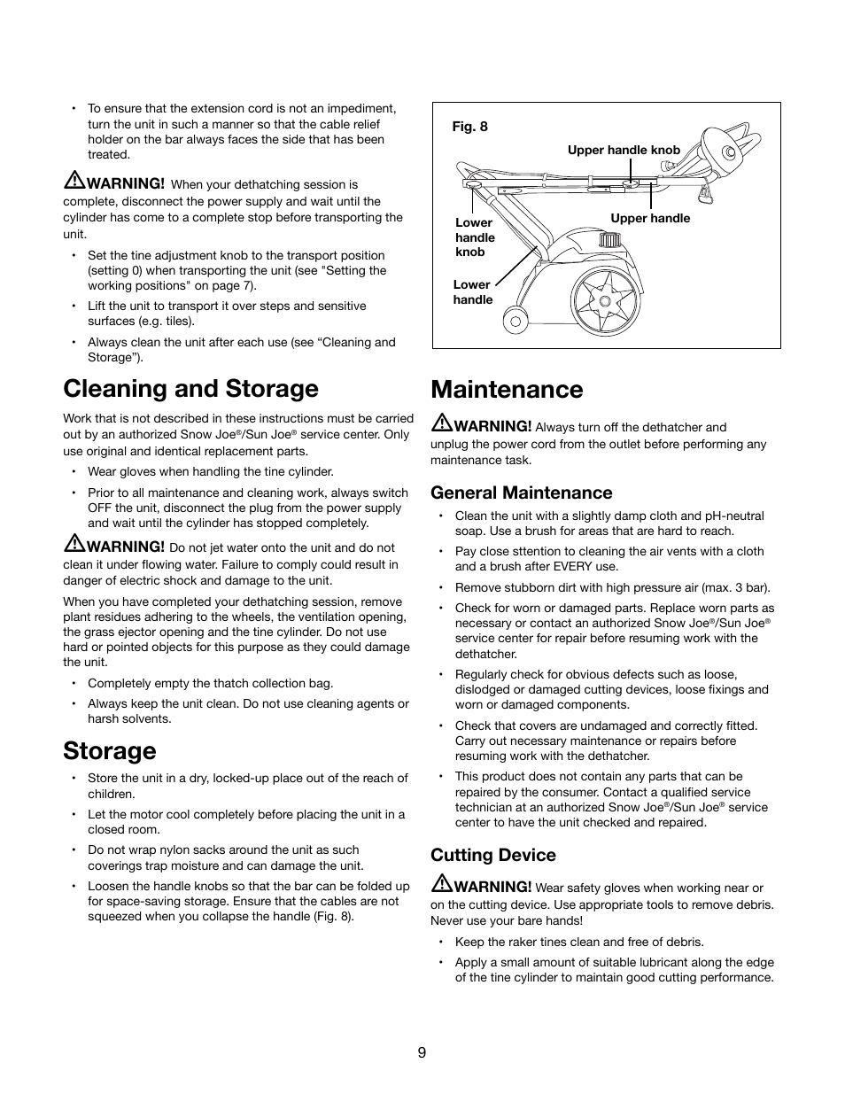 Cleaning and storage, Storage, Maintenance | General maintenance, Cutting device | Snow Joe AJ800E Dethatcher Joe 14-Inch 11-Amp Electric Dethatcher With AirBoost Technology User Manual | Page 9 / 16