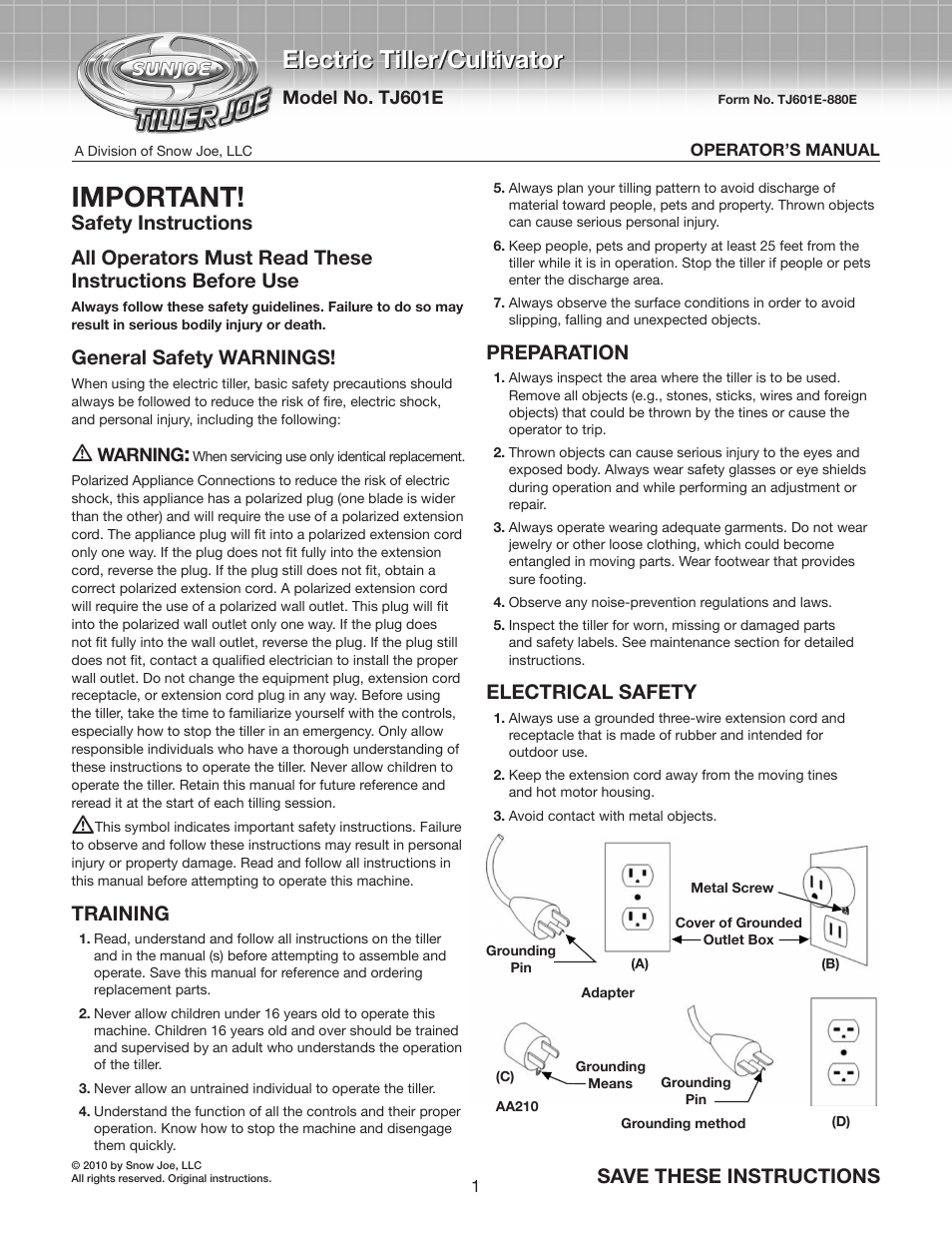 Snow Joe TJ601E Tiller Joe Max 9 AMP Electric Garden Tiller/Cultivator User Manual | 10 pages