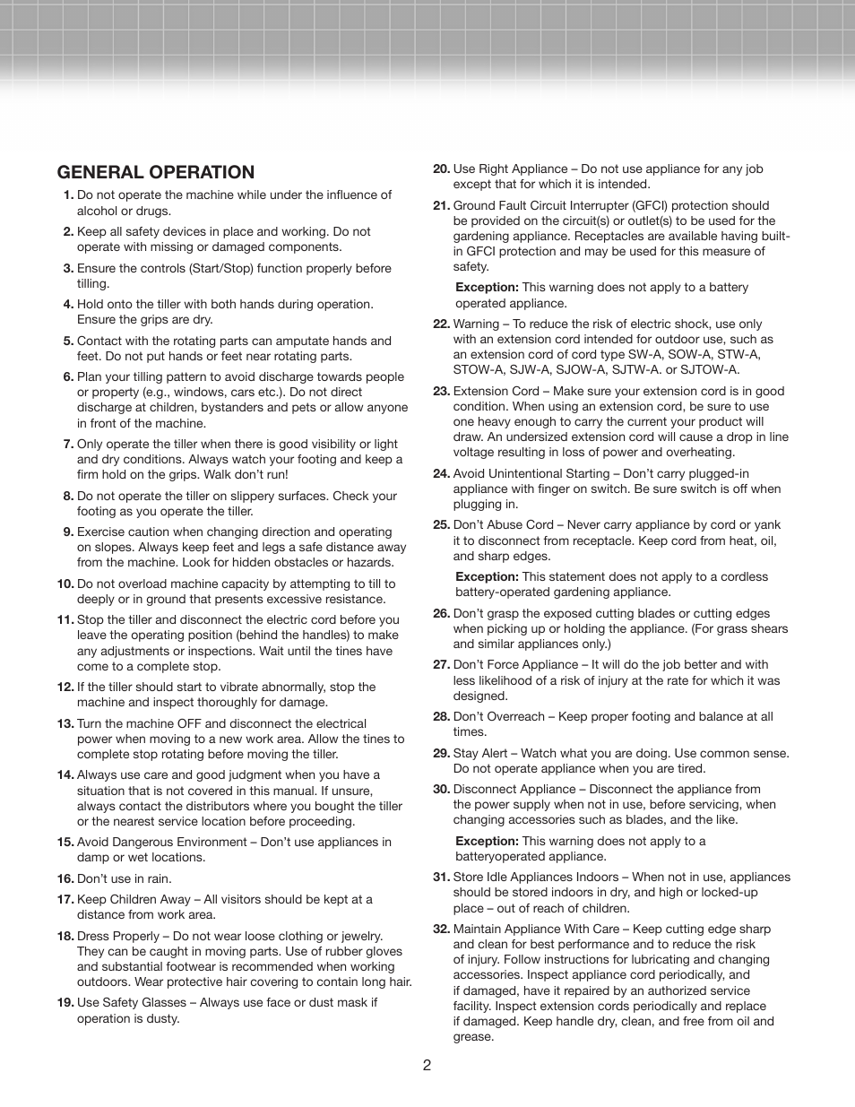 General operation | Snow Joe TJ601E Tiller Joe Max 9 AMP Electric Garden Tiller/Cultivator User Manual | Page 2 / 10