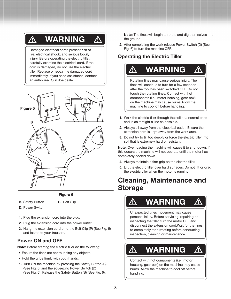 Warning, Cleaning, maintenance and storage | Snow Joe TJ601E Tiller Joe Max 9 AMP Electric Garden Tiller/Cultivator User Manual | Page 8 / 10