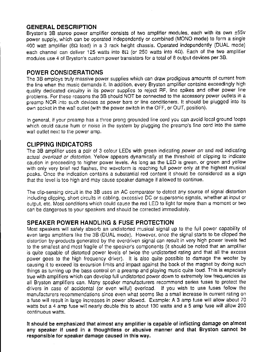 General description, Power considerations, Clipping indicators | Speaker power handling & fuse protection | Bryston 3B-NRB User Manual | Page 2 / 4