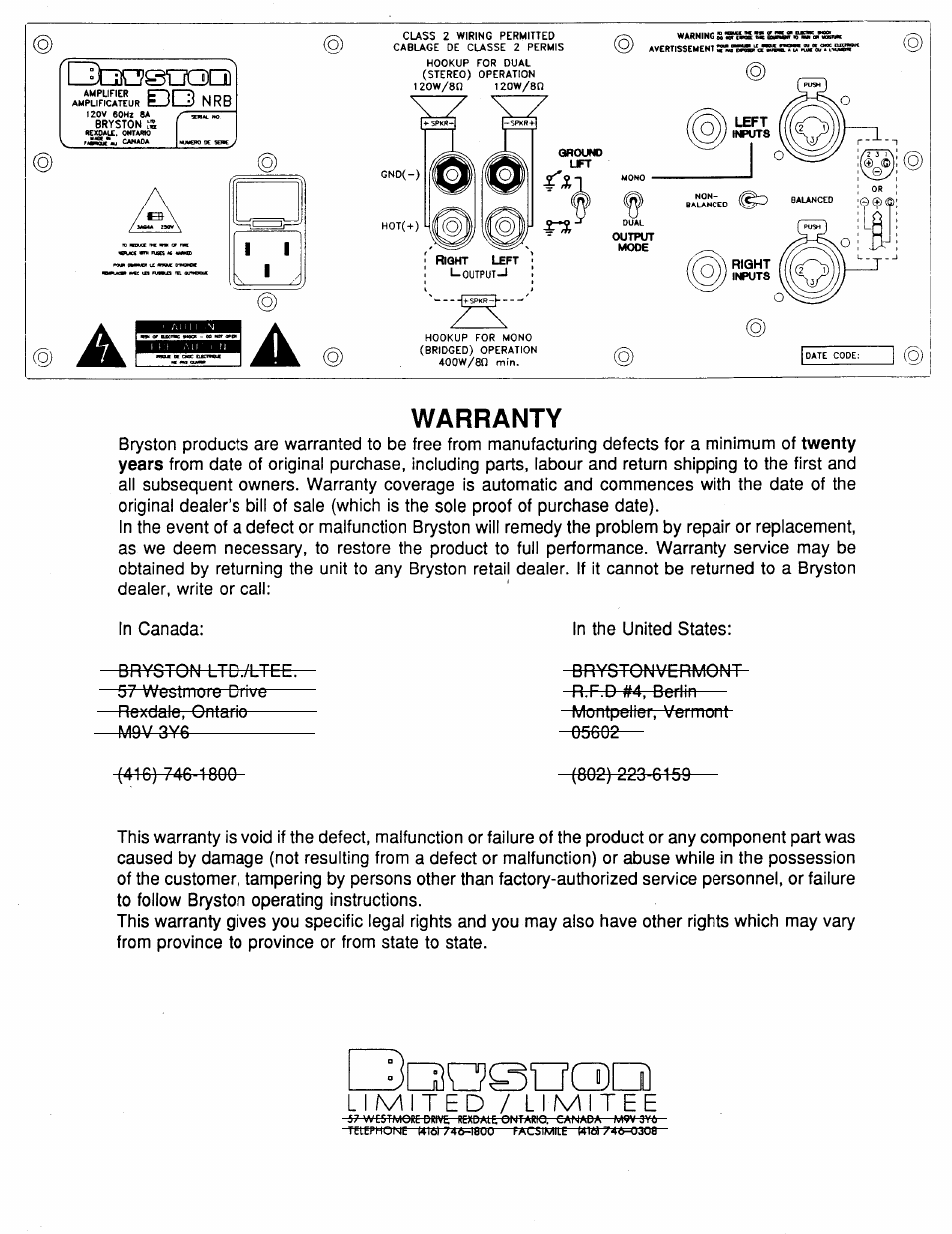 Warranty, Tacsdoq | Bryston 3B-NRB User Manual | Page 4 / 4