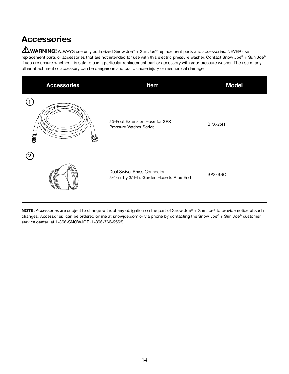 Accessories m, Model accessories item | Snow Joe SPX2000 Pressure Joe 1740 PSI 1.59 GPM 12.5-Amp Electric Pressure Washer User Manual | Page 14 / 16