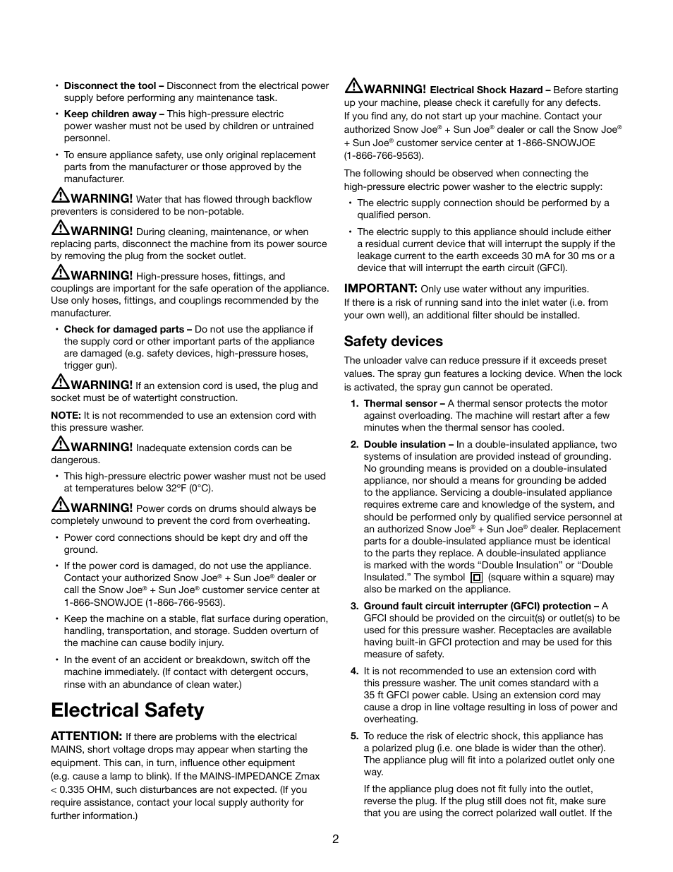 Electrical safety, Safety devices | Snow Joe SPX2000 Pressure Joe 1740 PSI 1.59 GPM 12.5-Amp Electric Pressure Washer User Manual | Page 2 / 16