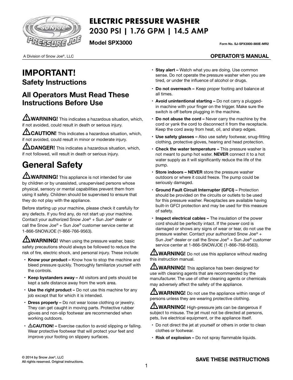 Snow Joe SPX3000 Pressure Joe 2030 PSI 1.76 GPM 14.5-Amp Electric Pressure Washer User Manual | 20 pages