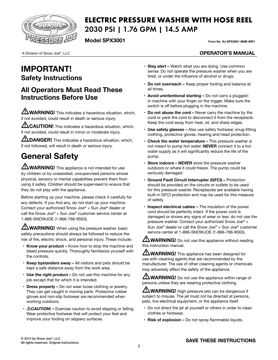 Snow Joe SPX3001 Pressure Joe 2030 PSI 1.76 GPM 14.5-Amp Electric Pressure Washer with Hose Reel User Manual | 20 pages