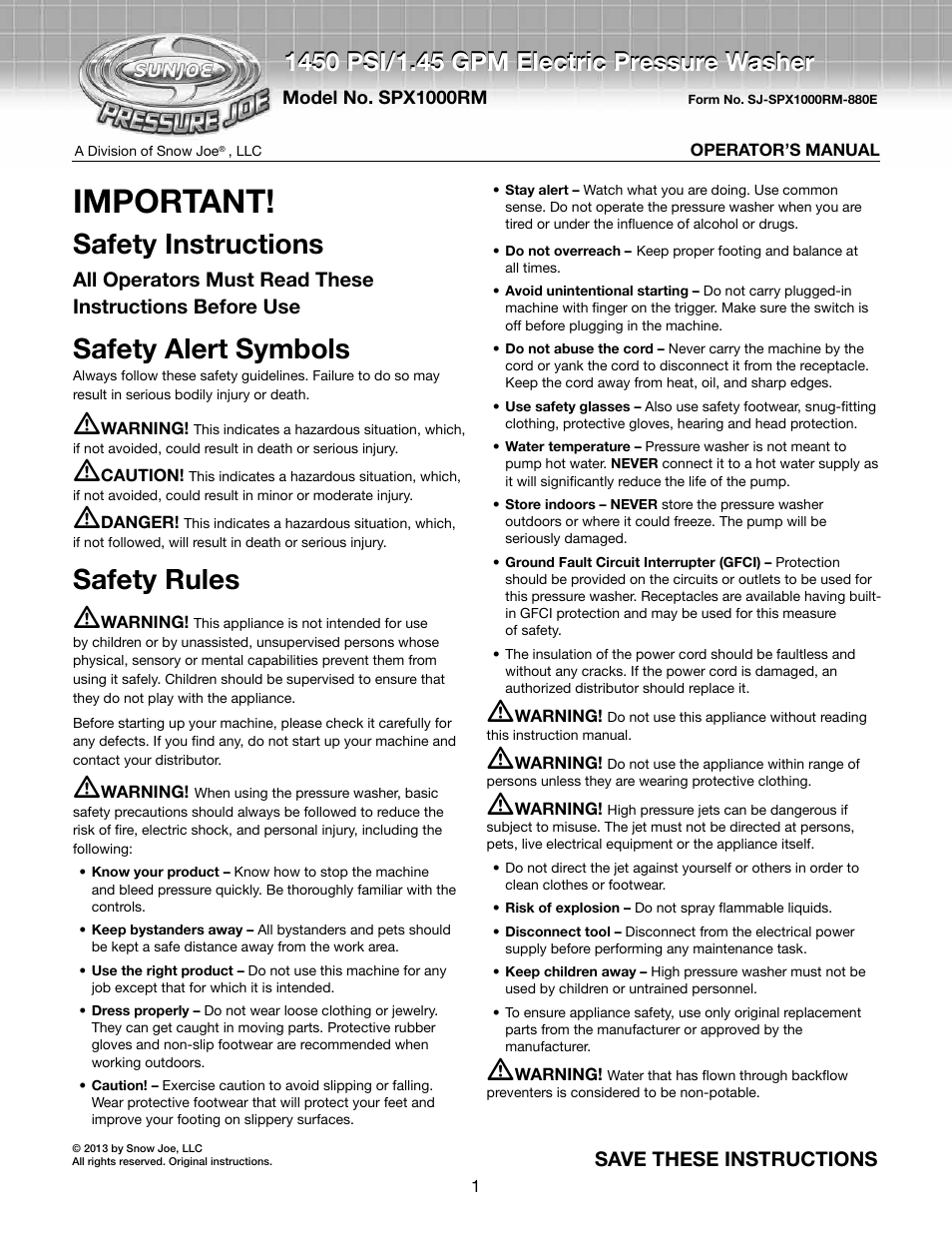 Snow Joe SPX1000-RM Pressure Joe 1450 PSI 1.45 GPM 11.5-Amp Electric Pressure Washer User Manual | 10 pages