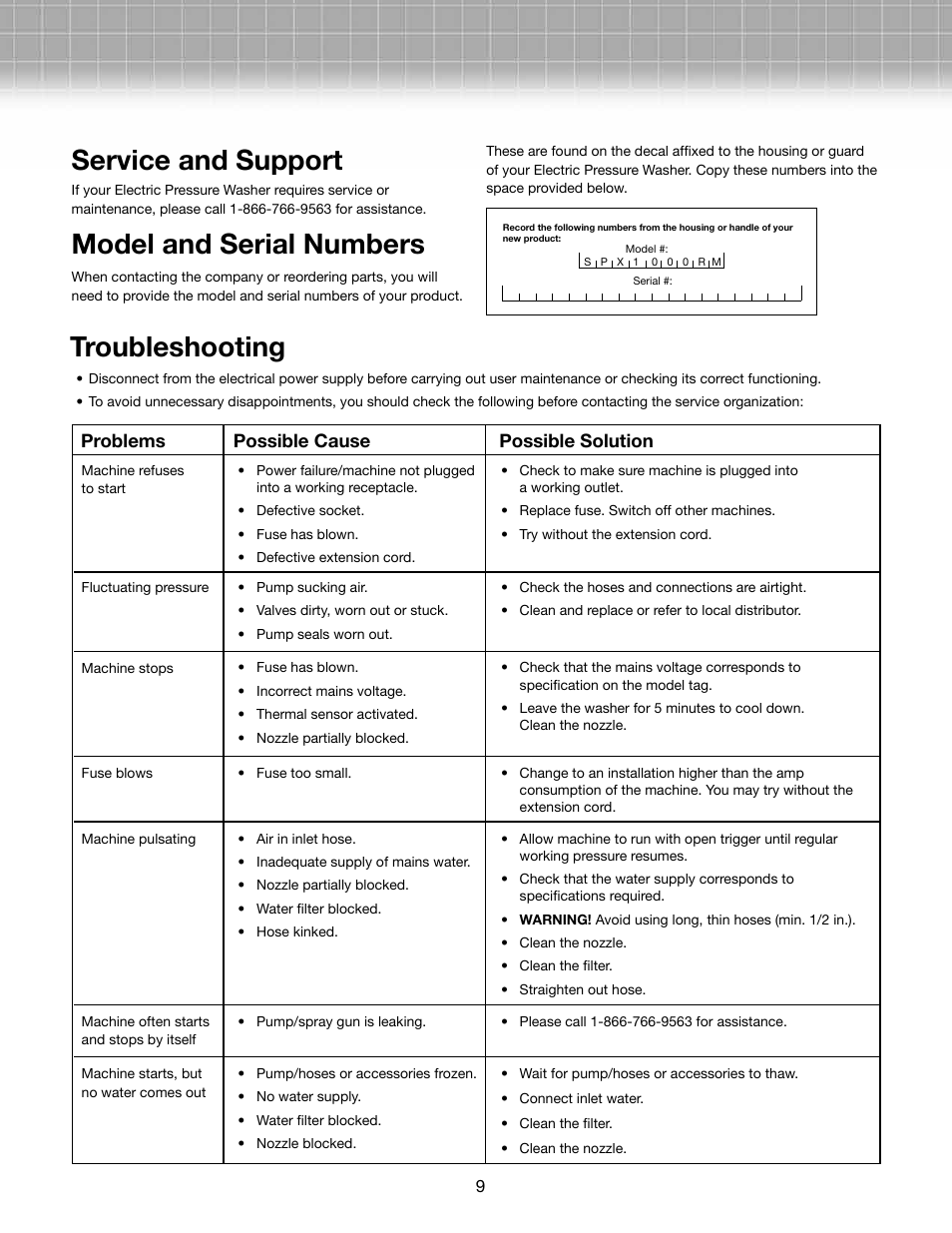 Service and support, Model and serial numbers, Troubleshooting | Snow Joe SPX1000-RM Pressure Joe 1450 PSI 1.45 GPM 11.5-Amp Electric Pressure Washer User Manual | Page 9 / 10