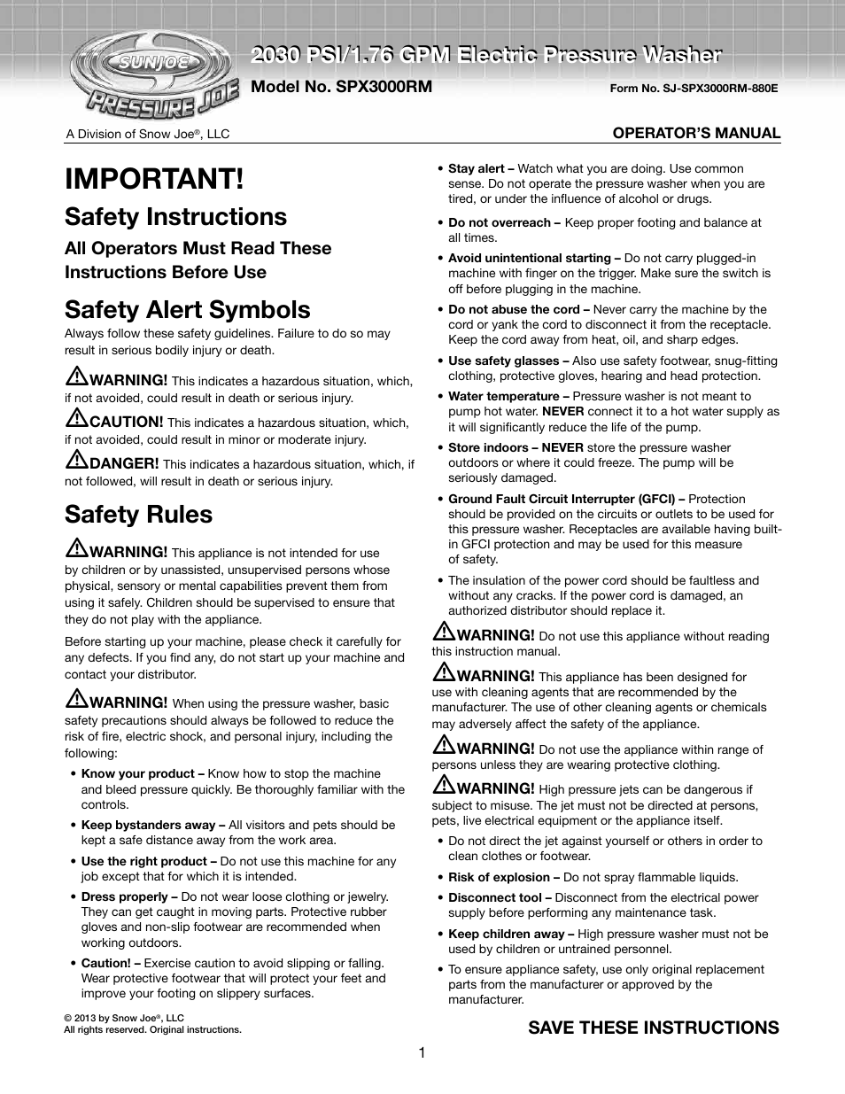 Snow Joe SPX3000-RM Pressure Joe 2030 PSI 1.76 GPM 14.5-Amp Electric Pressure Washer User Manual | 14 pages
