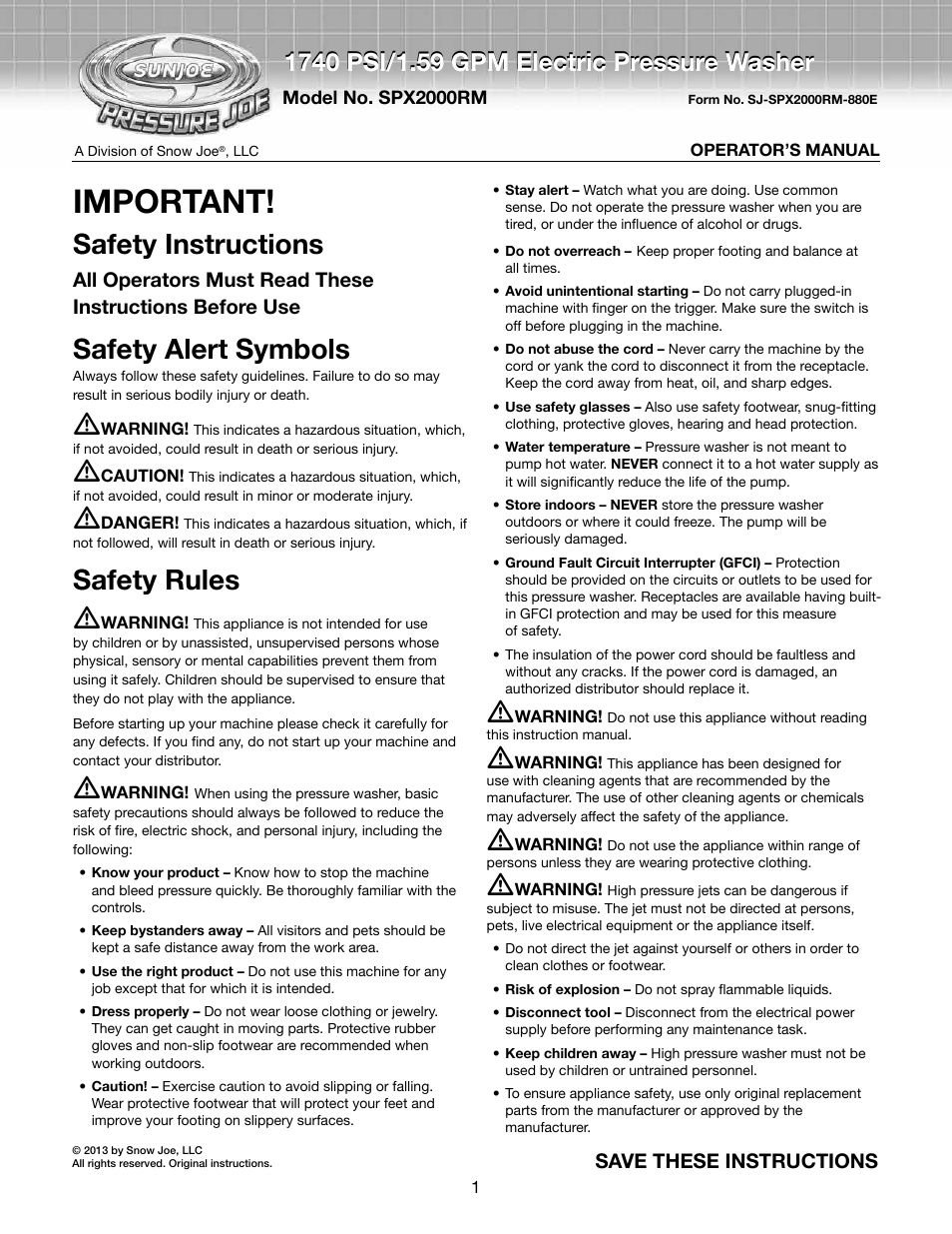 Snow Joe SPX2000-RM Pressure Joe 1740 PSI 1.59GPM 12.5-Amp Electric Pressure Washer User Manual | 12 pages