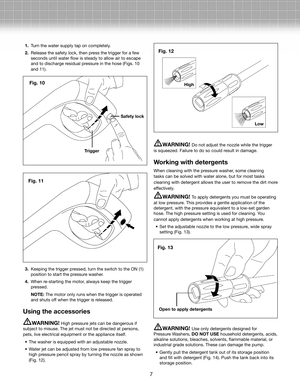 Using the accessories, Working with detergents | Snow Joe SPX2000-RM Pressure Joe 1740 PSI 1.59GPM 12.5-Amp Electric Pressure Washer User Manual | Page 7 / 12