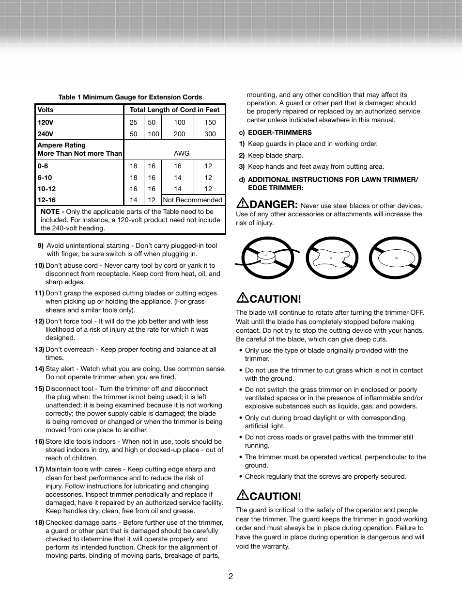 Danger, Caution | Snow Joe SB601E SharperBlade Electric Stringless Trimmer/Edger User Manual | Page 2 / 10