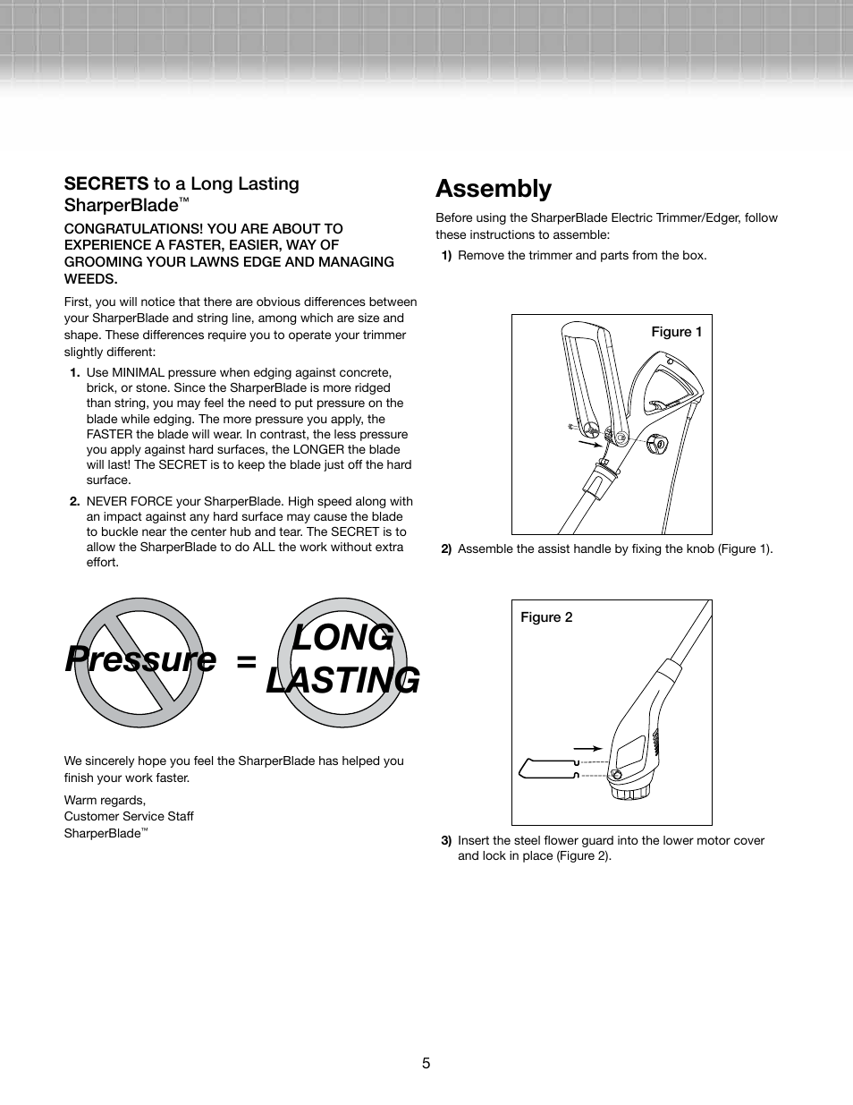 Pressure = long lasting, Assembly | Snow Joe SB601E SharperBlade Electric Stringless Trimmer/Edger User Manual | Page 5 / 10