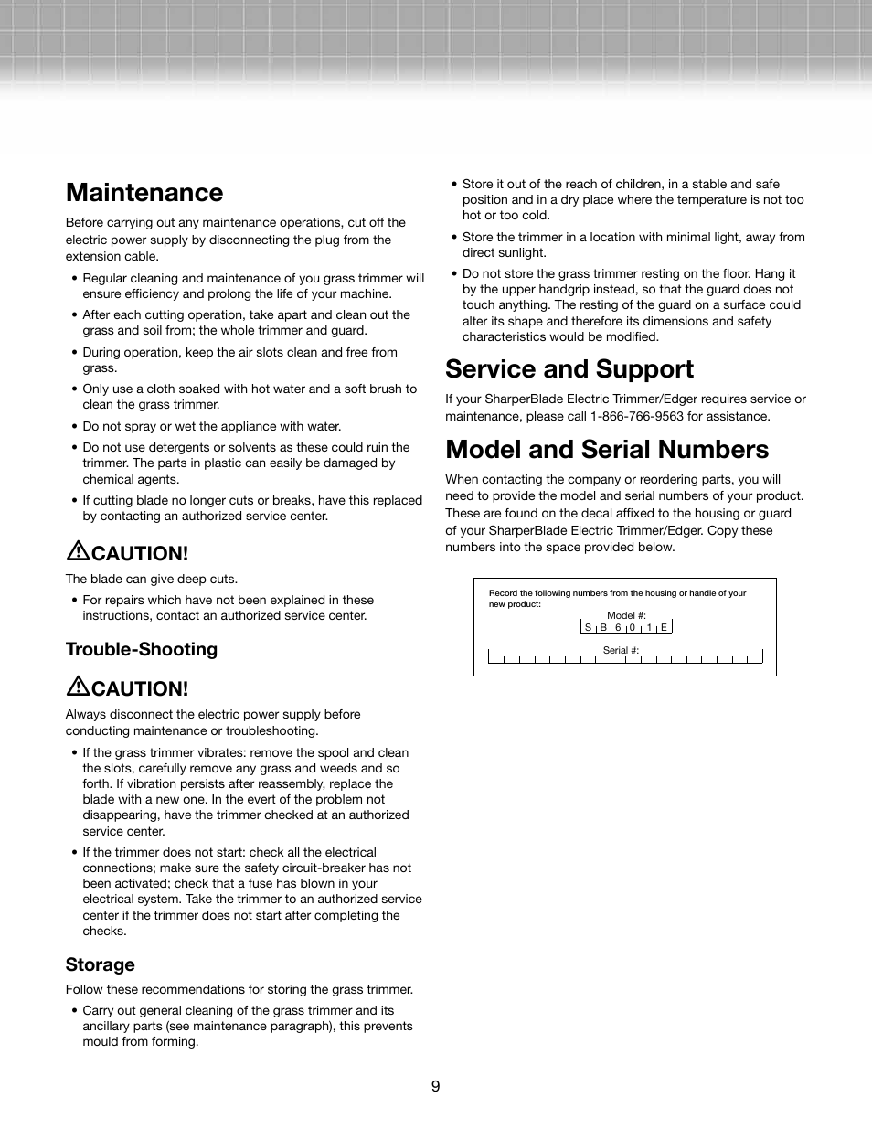 Maintenance, Service and support, Model and serial numbers | Caution, Trouble-shooting, Storage | Snow Joe SB601E SharperBlade Electric Stringless Trimmer/Edger User Manual | Page 9 / 10