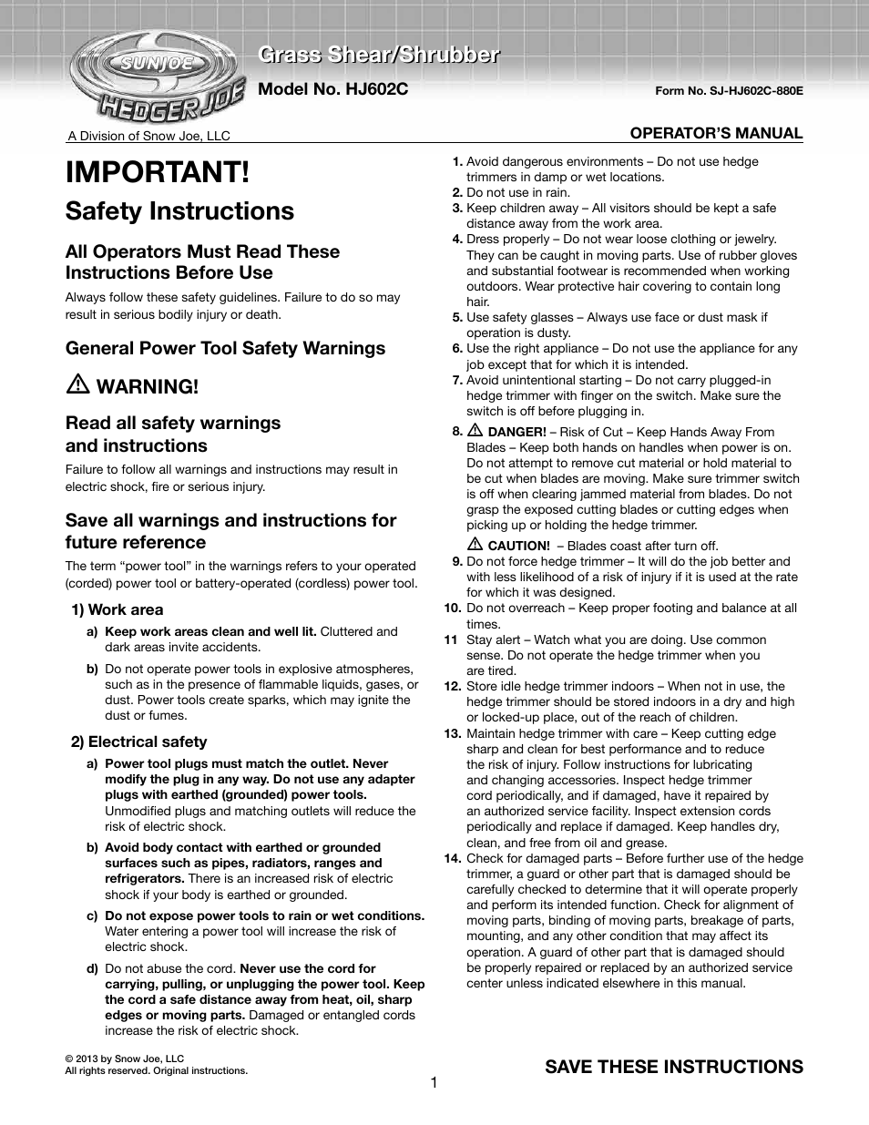 Snow Joe HJ602C Hedger Joe 3.6 V Li-ion 2 Tools in 1 Cordless Grass Shear/Shrubber User Manual | 10 pages