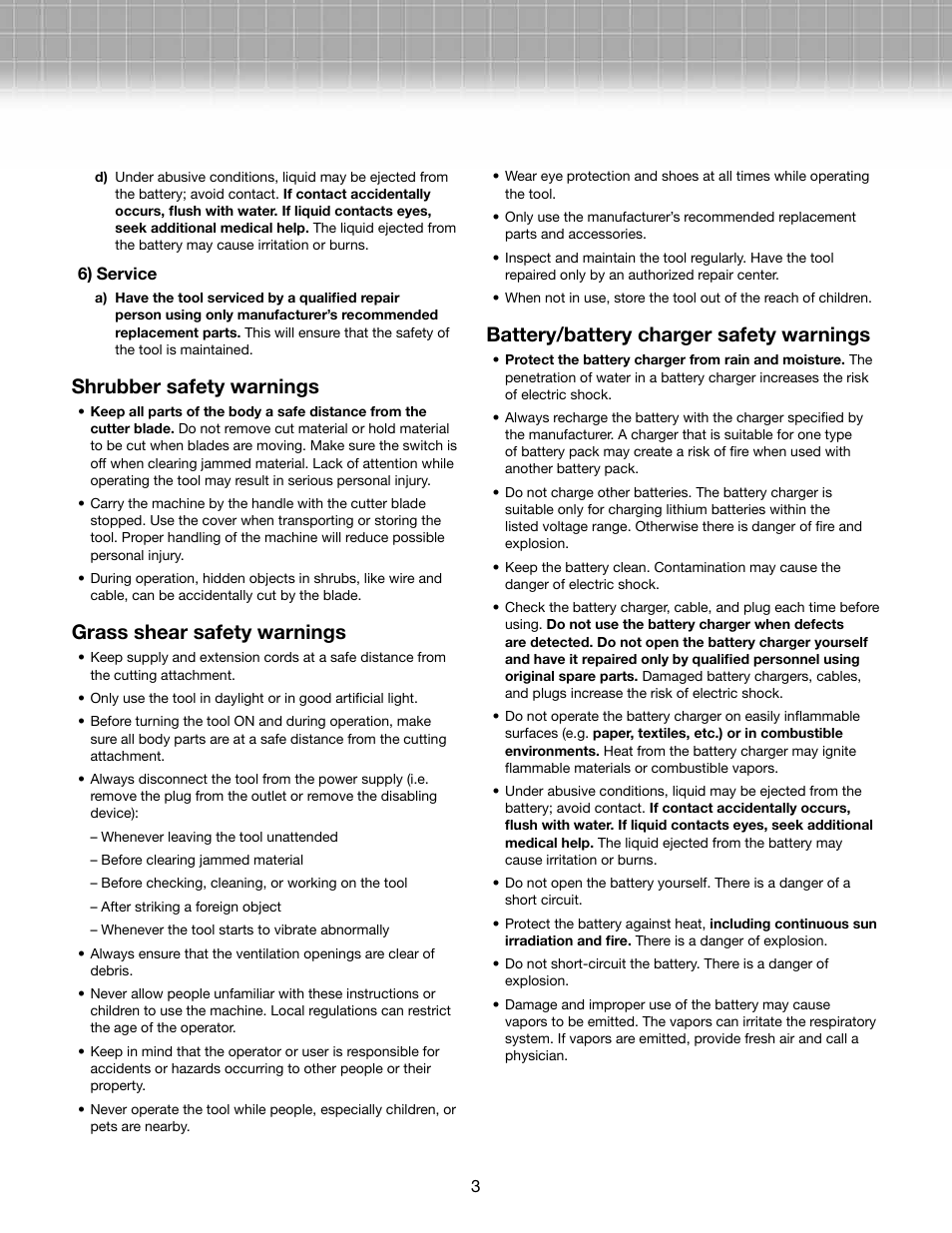 Shrubber safety warnings, Grass shear safety warnings, Battery/battery charger safety warnings | Snow Joe HJ602C Hedger Joe 3.6 V Li-ion 2 Tools in 1 Cordless Grass Shear/Shrubber User Manual | Page 3 / 10