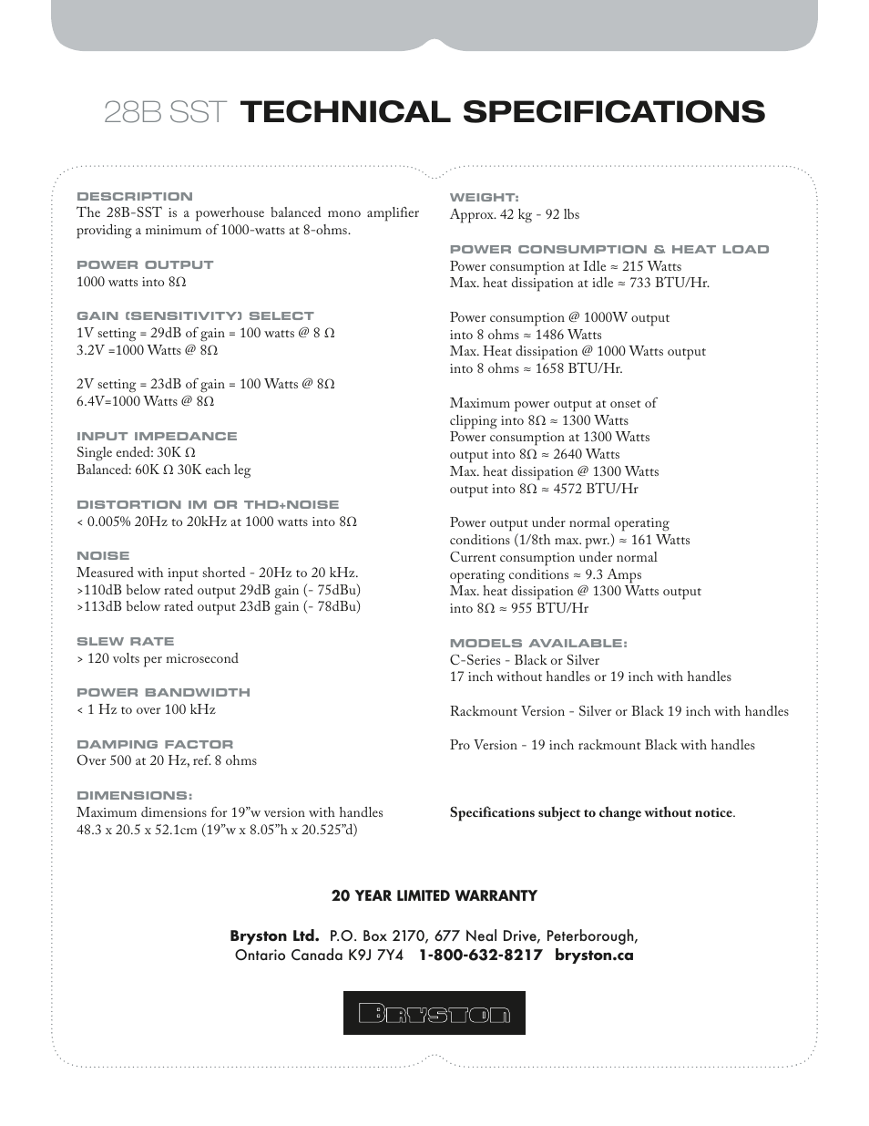 28b sst technical specifications | Bryston 28B SST User Manual | Page 4 / 4