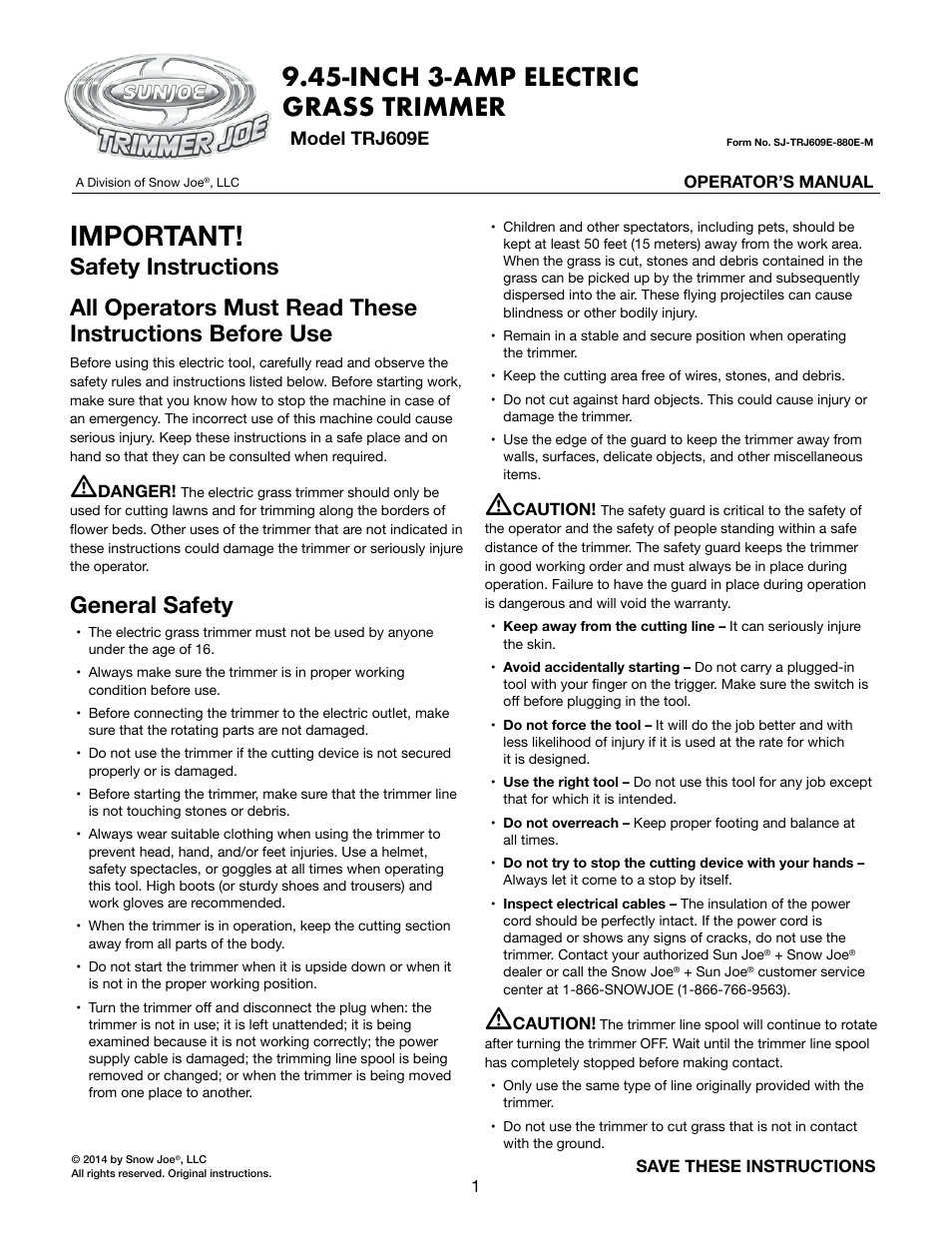 Snow Joe TRJ609E Trimmer Joe 3-Amp 9.45-Inch Electric Grass Trimmer User Manual | 16 pages