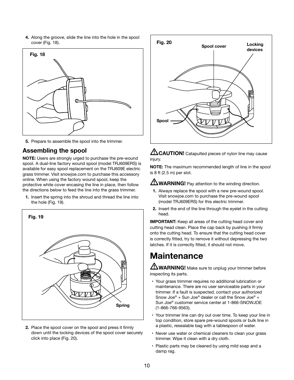 Maintenance m, Assembling the spool | Snow Joe TRJ609E Trimmer Joe 3-Amp 9.45-Inch Electric Grass Trimmer User Manual | Page 10 / 16