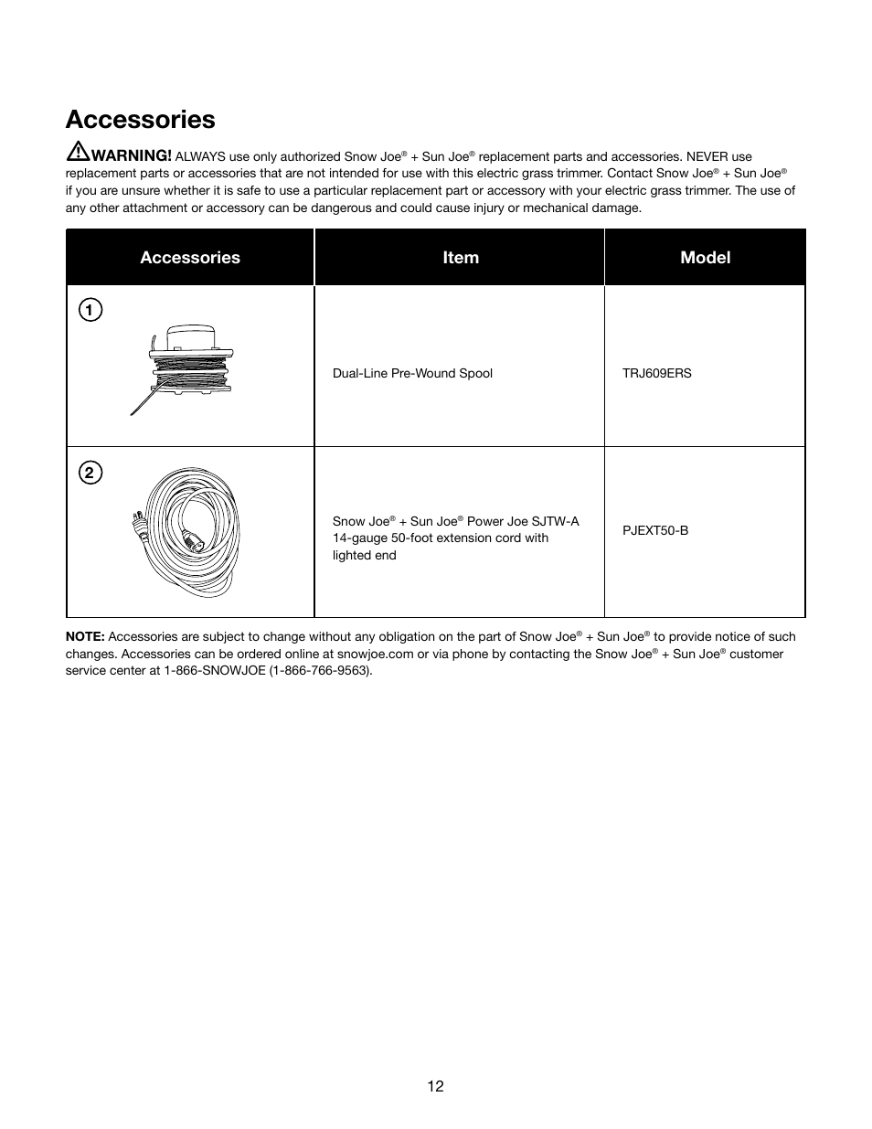 Accessories m, Model accessories item | Snow Joe TRJ609E Trimmer Joe 3-Amp 9.45-Inch Electric Grass Trimmer User Manual | Page 12 / 16