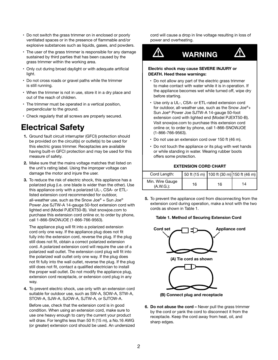 Electrical safety, Warning | Snow Joe TRJ609E Trimmer Joe 3-Amp 9.45-Inch Electric Grass Trimmer User Manual | Page 2 / 16