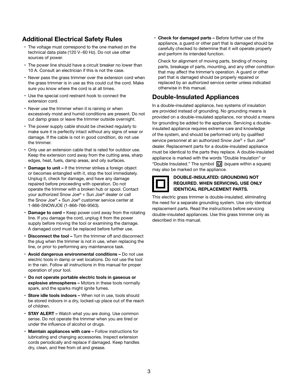 Additional electrical safety rules, Double-insulated appliances | Snow Joe TRJ609E Trimmer Joe 3-Amp 9.45-Inch Electric Grass Trimmer User Manual | Page 3 / 16