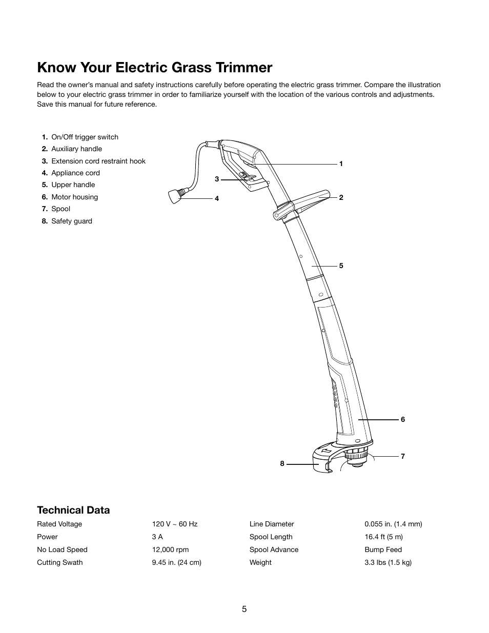 Know your electric grass trimmer, Technical data | Snow Joe TRJ609E Trimmer Joe 3-Amp 9.45-Inch Electric Grass Trimmer User Manual | Page 5 / 16