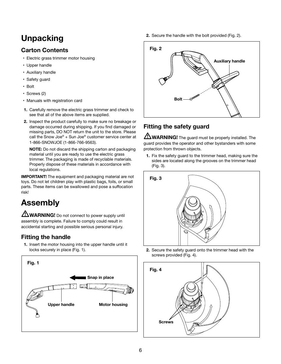 Unpacking, Assembly m, Carton contents | Fitting the handle, Fitting the safety guard | Snow Joe TRJ609E Trimmer Joe 3-Amp 9.45-Inch Electric Grass Trimmer User Manual | Page 6 / 16