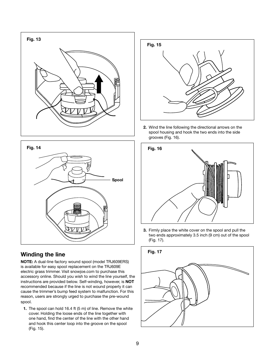 Winding the line | Snow Joe TRJ609E Trimmer Joe 3-Amp 9.45-Inch Electric Grass Trimmer User Manual | Page 9 / 16