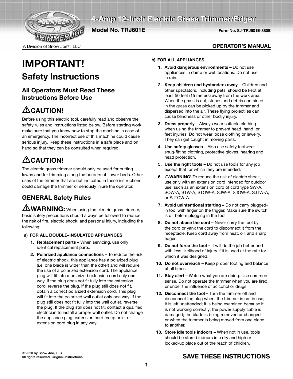 Snow Joe TRJ601E Trimmer Joe 4-Amp 12-Inch Electric Grass Trimmer/Edger User Manual | 12 pages