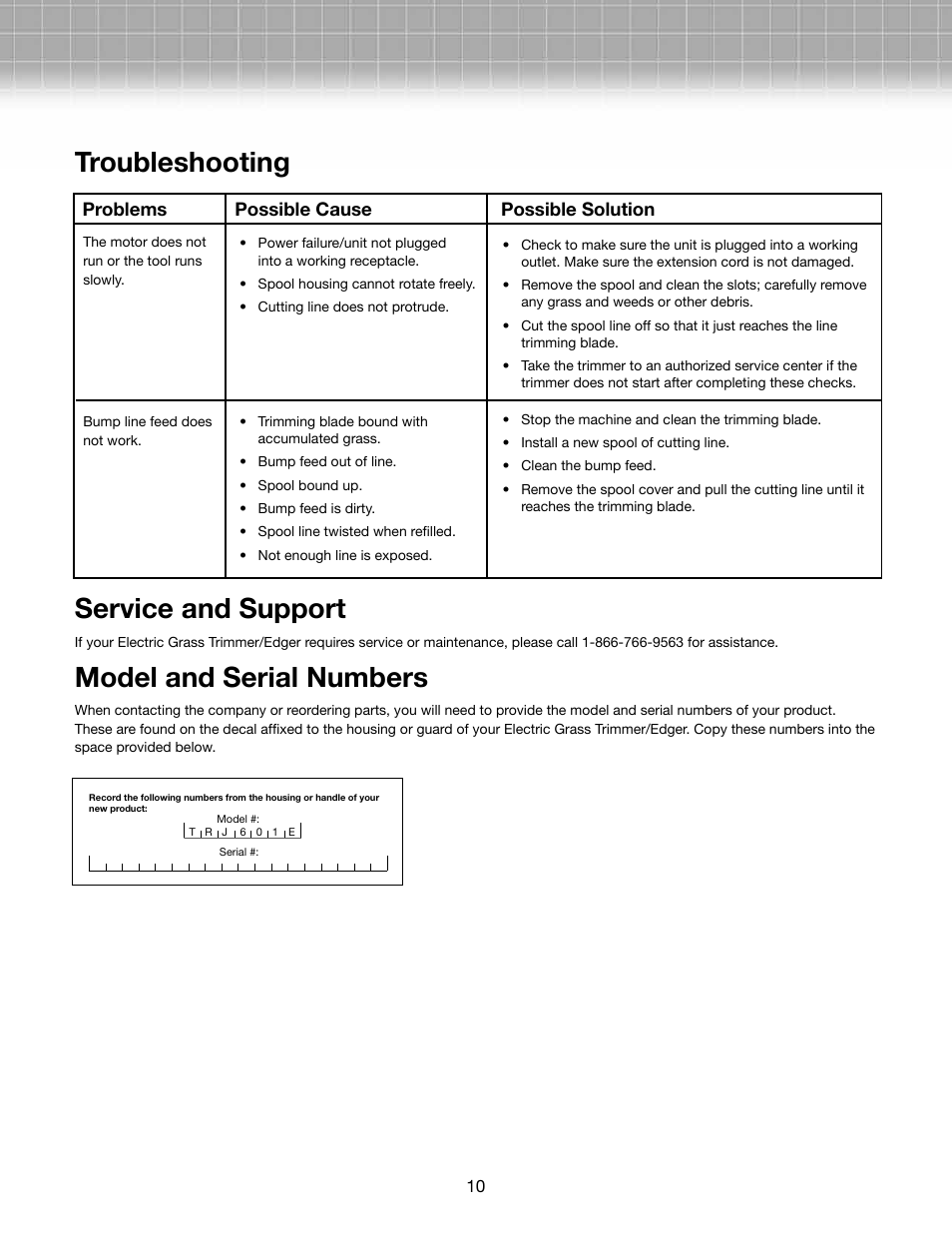Troubleshooting service and support, Model and serial numbers | Snow Joe TRJ601E Trimmer Joe 4-Amp 12-Inch Electric Grass Trimmer/Edger User Manual | Page 10 / 12