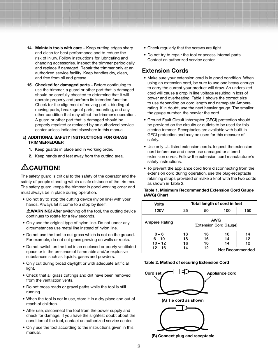 Caution, Extension cords | Snow Joe TRJ601E Trimmer Joe 4-Amp 12-Inch Electric Grass Trimmer/Edger User Manual | Page 2 / 12