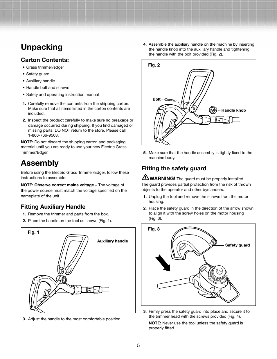 Unpacking, Assembly, Carton contents | Fitting auxiliary handle, Fitting the safety guard | Snow Joe TRJ601E Trimmer Joe 4-Amp 12-Inch Electric Grass Trimmer/Edger User Manual | Page 5 / 12