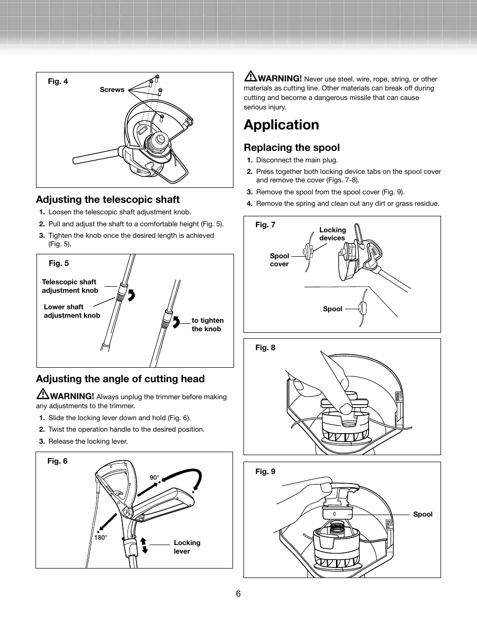 Application, Adjusting the telescopic shaft, Adjusting the angle of cutting head | Replacing the spool | Snow Joe TRJ601E Trimmer Joe 4-Amp 12-Inch Electric Grass Trimmer/Edger User Manual | Page 6 / 12