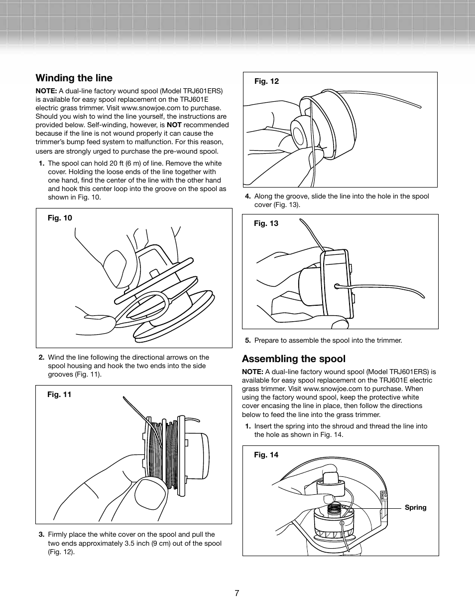 Winding the line, Assembling the spool | Snow Joe TRJ601E Trimmer Joe 4-Amp 12-Inch Electric Grass Trimmer/Edger User Manual | Page 7 / 12