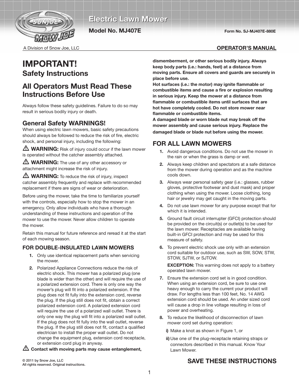 Snow Joe MJ407E Mow Joe 20-Inch Bag/Mulch/Side Discharge Electric Lawn Mower User Manual | 10 pages