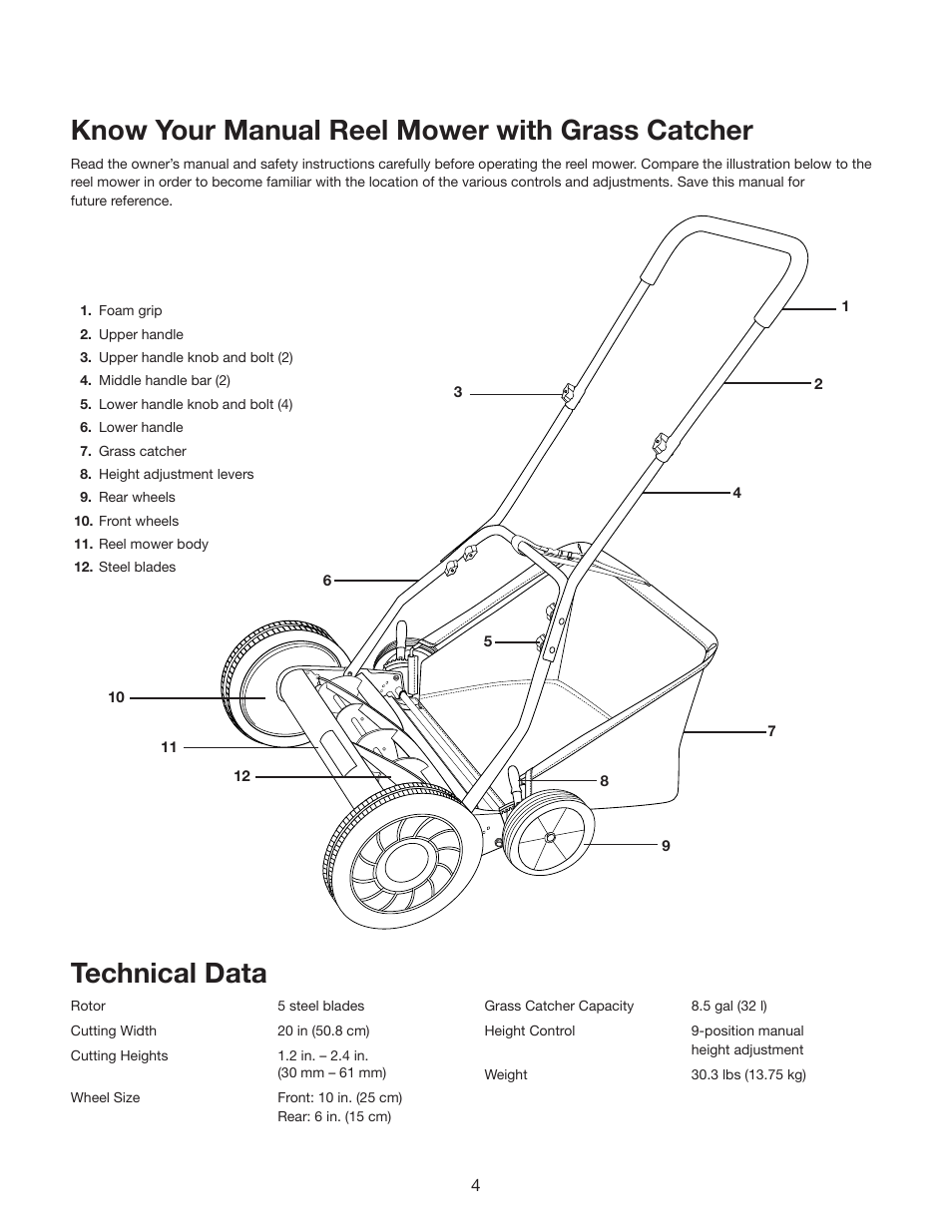 Know your manual reel mower with grass catcher, Technical data | Snow Joe MJ502M Mow Joe 20-Inch Manual Reel Mower with Grass Catcher Manual User Manual | Page 4 / 12