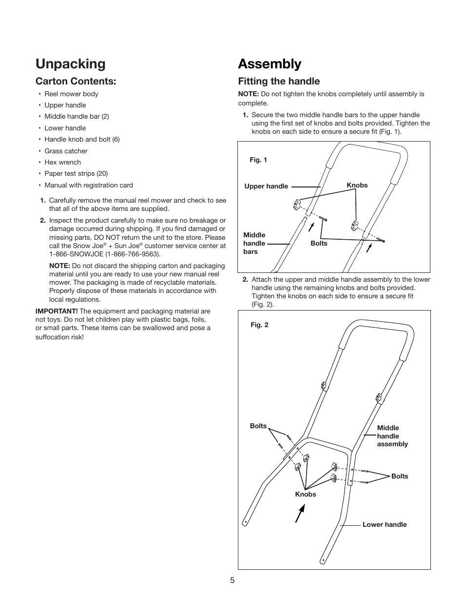 Unpacking, Assembly, Carton contents | Fitting the handle | Snow Joe MJ502M Mow Joe 20-Inch Manual Reel Mower with Grass Catcher Manual User Manual | Page 5 / 12