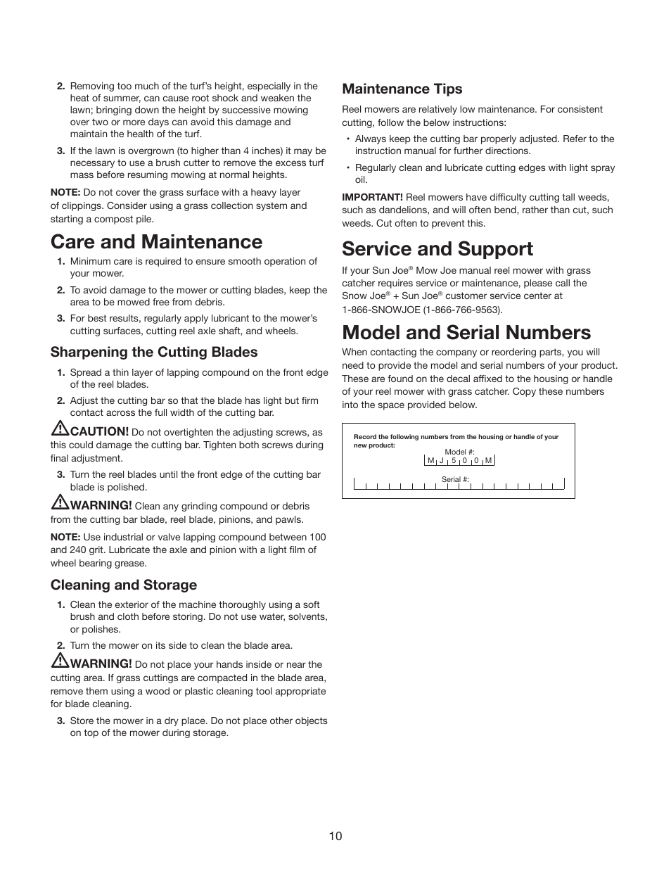 Care and maintenance, Service and support, Model and serial numbers | Sharpening the cutting blades, Cleaning and storage, Maintenance tips | Snow Joe MJ500M Mow Joe 16-Inch Manual Reel Mower with Catcher User Manual | Page 10 / 12