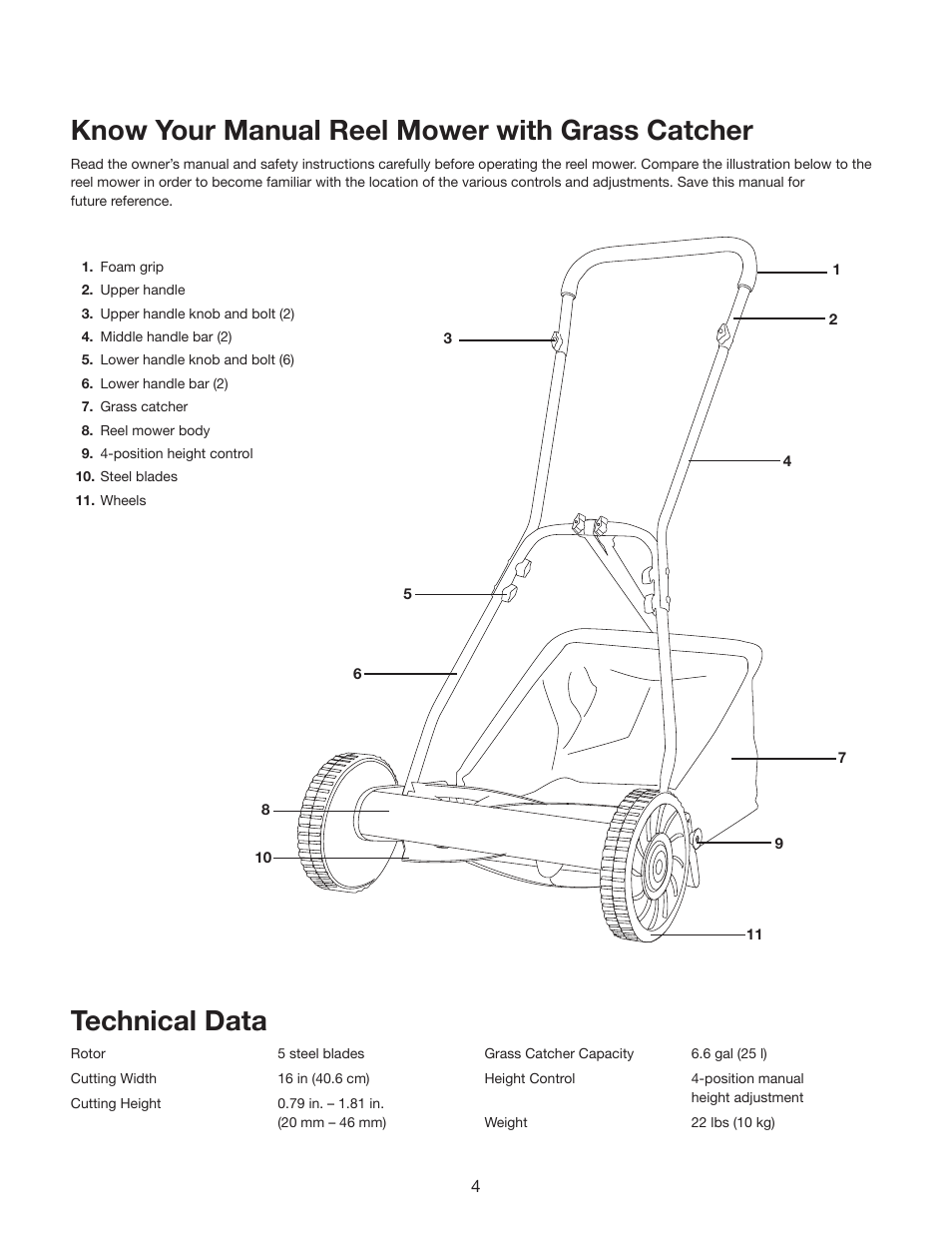 Know your manual reel mower with grass catcher, Technical data | Snow Joe MJ500M Mow Joe 16-Inch Manual Reel Mower with Catcher User Manual | Page 4 / 12