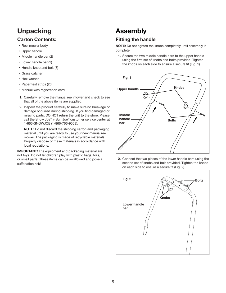 Unpacking, Assembly, Carton contents | Fitting the handle | Snow Joe MJ500M Mow Joe 16-Inch Manual Reel Mower with Catcher User Manual | Page 5 / 12